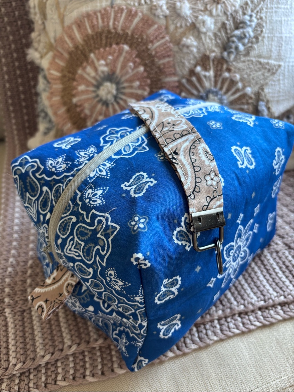 NWT Bandana cosmetic case with matching Key  Fob Royal blue lined with tan